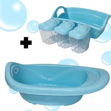 Imagem de KIT BANHO BEBE BANHEIRA, ORGANIZADO, PORTA ALGODÃO/COTONETE Cor:Azul -