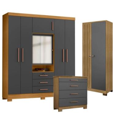 Imagem de Guarda Roupa Casal Imperial Com Cômoda 4 Gavetas New E Armário Multiuso Versatile Carva...