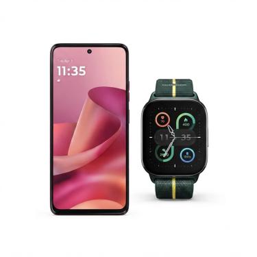 Imagem de Kit Motorola Moto G47 5G 128GB Rosa com Smartwatch Moto Watch Fit GPS Verde