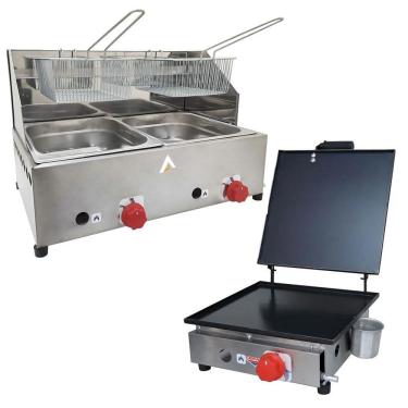 Imagem de Kit Lanchonete Chapa 30cm com Prensa e Fritadeira Profissional 2 Cubas Alcamar