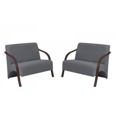 Imagem de Kit 2 Poltronas Namoradeira 2 Lugares Vênus D Salla Suede Braço Madeira