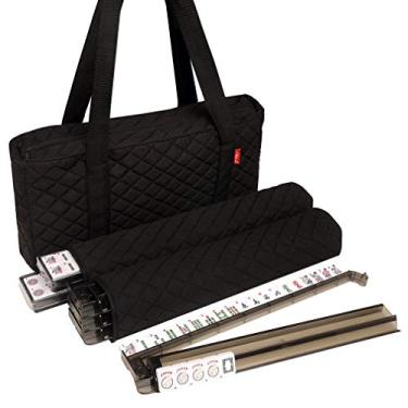 Imagem de American Mah Jongg Set por Linda Li - Bolsa macia acolchoada preta - 166 azulejos brancos gravados, 4 suportes multifuncionais/empurradores
