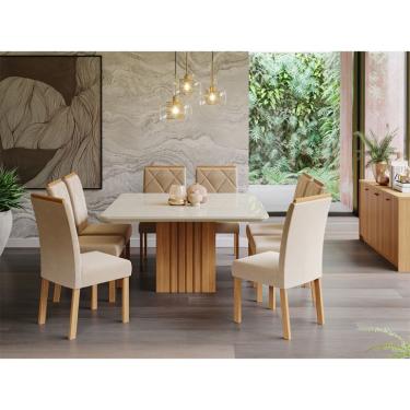 Imagem de Conjunto de Mesa de Jantar Quadrada com Tampo de Vidro Off White Ana e 8 Cadeiras Fernanda Suede Nude e Nature