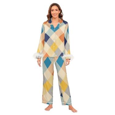 Imagem de GuoChe Vestidos hospitalares para entrega de trabalho leves e confortáveis conjuntos de pijama feminino de seda longa para mulheres, Padrão xadrez xadrez geométrico multicolorido, GG