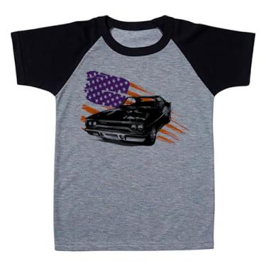 Imagem de Camiseta Raglan Infantil Cinza Carro Muscle Preto Bandeira Americana (BR, Numérico, 10, Regular, Polialgodão)