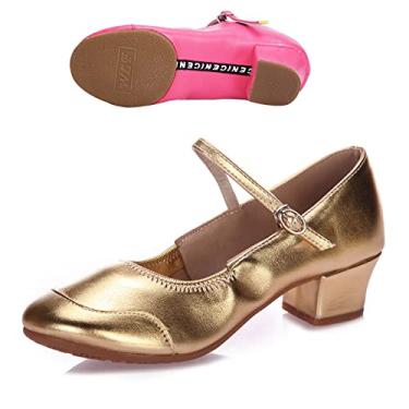 Imagem de CsgrFagr Sandálias femininas de couro sola de dois pontos de borracha salto baixo salto grosso sapatos de dança sandálias, Dourado, 6.5