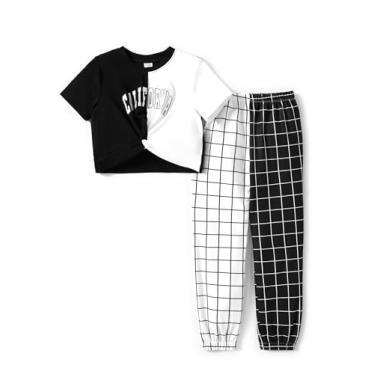 Imagem de PATPAT Conjunto de 2 peças para meninas, camiseta de manga curta, frente torcida e calça de moletom elástica, conjunto de roupas de verão 5-12 anos, Xadrez preto, 7-8 Anos