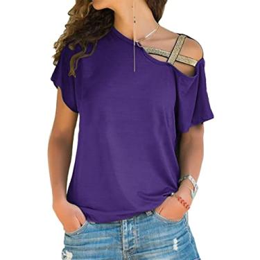 Imagem de Camisetas Femininas Sem Ombro, Cor Pura Casual Verão Fora do Ombro para Mulheres, Soltas para Casual para Namoro para Escritório (XL)