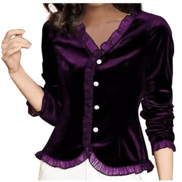 Imagem de Blusas femininas para outono inverno manga curta gola V veludo elegante franzido blusas camisas femininas 2024, C-941 Roxo, 4G