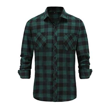 Imagem de Dioufond Camisa masculina de flanela manga comprida de Franela para Hombre, Flanela verde, P