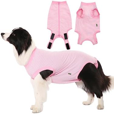 Imagem de Sychien Terno de recuperação de cães rosa feminino Spay camisa grande cirúrgica grande, terno de recuperação de cirurgia masculina, listrado, rosa-branco, GG