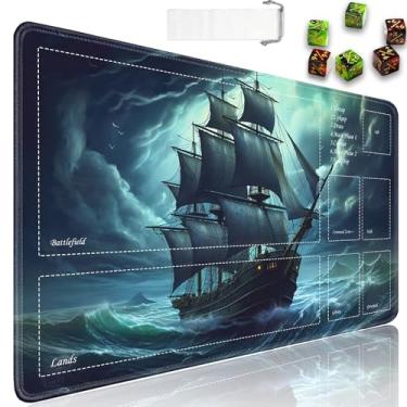 Imagem de JVGFYNKL Tapete de brinquedo TCG, tapete com zonas, borracha antiderrapante de 61 x 35 cm para MTG Playmat com cordão e bolsa de viagem e 6 dados, navio pirata para tapete MTG, tapetes de jogos de