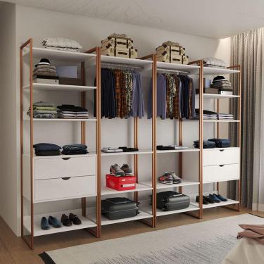 Imagem de Closet Industrial Casal Completo Loft Branco 4 Módulos Cabideiro com Gavetas Base Cobre