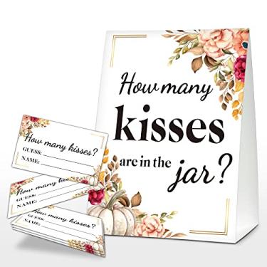 Imagem de Placa How Many Kisses Are In The Pote, Borgonha Blush Floral Bridal Shower Game, Fall Thanksgiving Pumpkin Baby Shower Sign & Tickets, Casamento, (1 placa + 50 cartões de adivinhação), 07