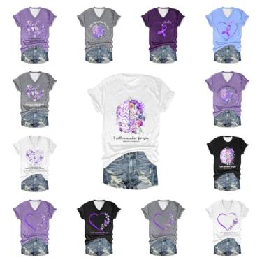 Imagem de Camiseta PKDong I'll Remember for You Alzheimers Awareness Shirts Purple Flower Floral Estampada Camisetas Gráficas de Coração Camisetas Femininas, A01 Roxo claro, GG