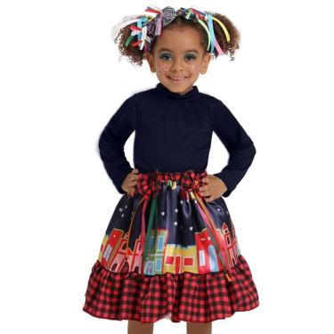 Imagem de Saia Festa Junina Infantil Saia Azul Curta Godê Estampada