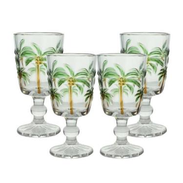 Imagem de Jogo 4 Taças De Vidro Tropical Palm Tree Coqueiro Água Transparente Ly