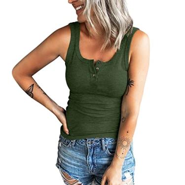 Imagem de Regatas femininas de malha canelada camiseta floral sem mangas gola V camiseta casual verão roupas abotoadas camiseta colete, Verde 1, P