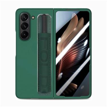 Imagem de POYUFRG Capa à prova de choque para Samsung Galaxy Z Fold 6, protetor de tela de vidro temperado integrado, alça de pulso de couro extensível, capa de telefone com ranhura S-Pen, verde