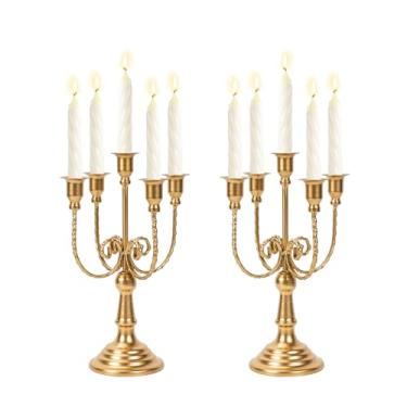Imagem de Candelabro de metal dourado suporte de vela de 30 cm de altura, suporte de castiçal de 5 andles para velas cônicas, suporte de vela para centro de mesa de casamento, decoração de recepção de evento de