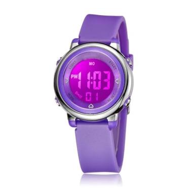 Imagem de Relógio digital feminino com tela de LED, pulseira de silicone, multifunções, à prova d'água, alarme, cronômetro, retroiluminação LED, relógio esportivo ao ar livre, G roxo, Cronógrafo, digital
