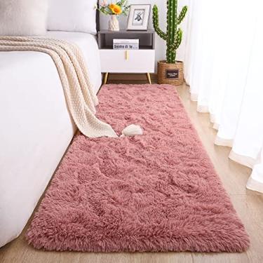 Imagem de Tapete passadeira macio Chicrug, felpudo, de pelúcia fofa, não solta pelo, para quarto, sala de estar, berçário, quarto infantil, de menina, decoração de casa, 0,6 x 3 m, rosa-antigo (Blush)
