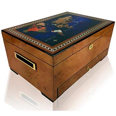 Imagem de Genérico Luxuosa Caixa Umidificadora de Charutos com Gaveta Design Mapa Mundi 38,5 cm x 27 cm x 19 cm
