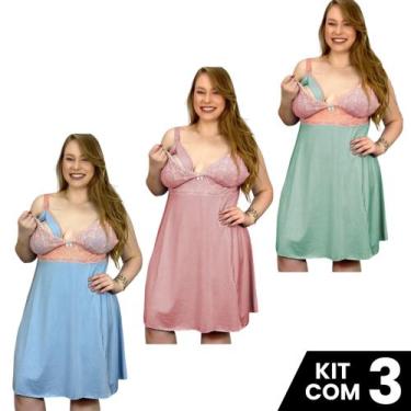 Imagem de Kit 3 Camisolas Amamentação Plus Size Pós Parto Maternidade Tamanho Gr