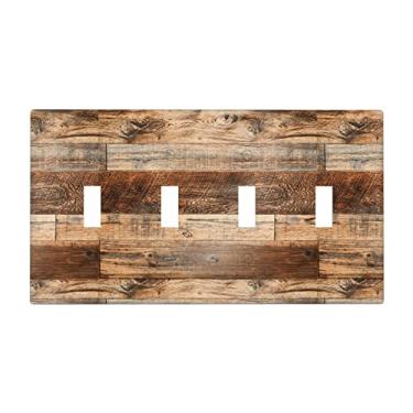 Imagem de Placa decorativa de madeira marrom para interruptor de luz placa de interruptor quádruplo placa de parede de 4 grupos, placa de parede rústica de grão de madeira de fazenda, 4,5 x 20 cm