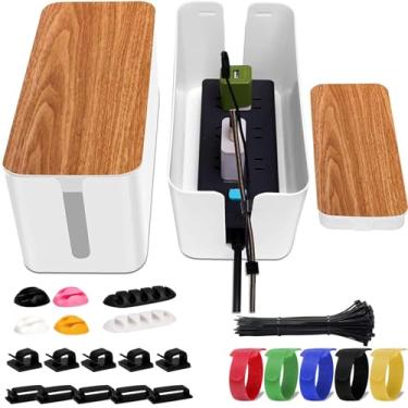 Imagem de YUANYE Caixa de gerenciamento de cabos, pacote com 2 com conjunto de 122 clipes de cabo, caixa organizadora de cabos grande para computador, roteador, hub USB e filtro de linha embaixo da mesa,