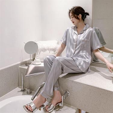 Imagem de Pijamas de seda para mulheres, pijamas de cetim de seda para casal com listras estampadas calças de manga curta roupas de casa de verão para homens, 9 mulheres, M