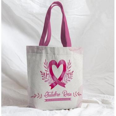 Imagem de Bolsa Sacola Artesanal de Tecido Outubro Rosa Faixa Coração - CoreDeco