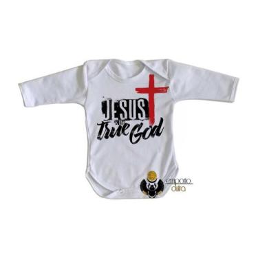 Imagem de body nenê criança roupa bebê manga longa Jesus Cristo verdadeiro Deus 