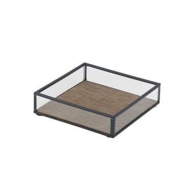 Imagem de Bandeja Decorativa Em Vidro Metal e Couro Sintético Marrom 15cm AH0604 BTC