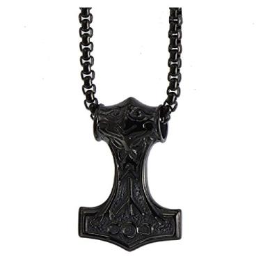Imagem de Colar masculino com pingente de martelo Thors Mjolnir de aço inoxidável, nó celta, preto com corrente de 55 cm