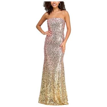 Imagem de Violet Weekend Vestido feminino justo de lantejoulas ombré tomara que caia, Ouro rosa, 48