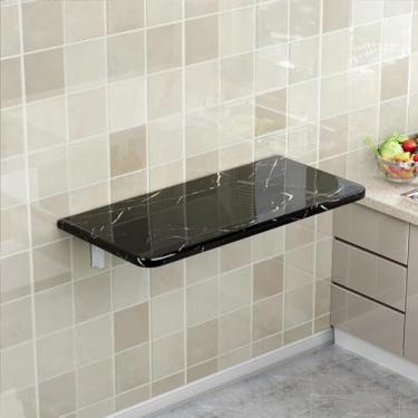 Imagem de Mesa dobrável montada na parede, padrão imitação de mármore, mesa de computador, cozinha, mesa de jantar, mesa de jantar flutuante para pequenos espaços, escritório, casa, cozinha, preta, 80 x 30 cm