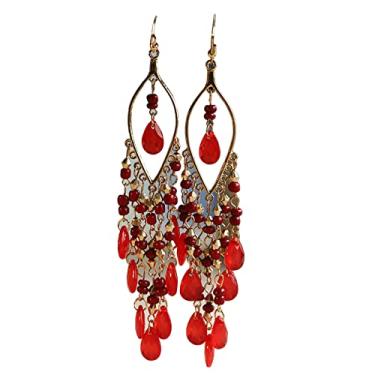 Imagem de Essencedelight Brinco de borla com contas de cristal falso longo com contas brinco de franja gancho para mulheres meninas casamento nupcial, vermelho, 12,9x2,5 cm