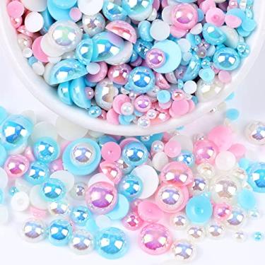 Imagem de Pérolas flatback para artesanato, 50 g mix azul rosa branco meias pérolas para artesanato, tamanho misto 3/4/5/6/8/10 mm contas de pérolas redondas planas para artesanato copo sapatos roupas copo