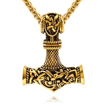 Imagem de Oaldilee Colar de martelo Thor para homens, bússola de martelo de aço inoxidável 18K, ouro, preto, pingente Mjolnir, amuleto poderoso, joia Noridc, presente para amantes vikings, caixa de presente,