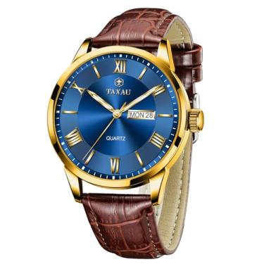 Imagem de Taxau Relógio masculino de luxo, à prova d'água, de couro, com data e dia, analógico, quartzo, grande número, casual, clássico, escalas luminosas, rosto grande, fácil leitura, Reloj para Hombre, Face