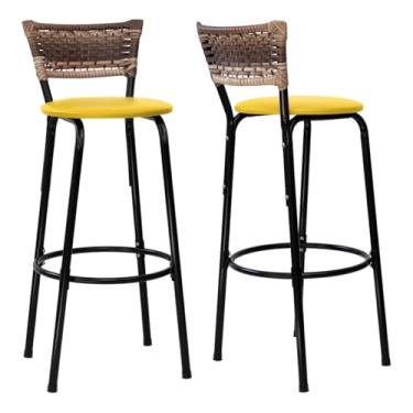 Imagem de Kit 02 Banqueta Altas Junco Cappuccino Estrutura Preta Assento Amarelo 70cm Para Balcão Cozinha, Bar, Bistrô, Americano - Itagold