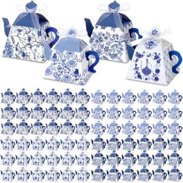 Imagem de Fullhawl 48 caixas de lembrancinhas de chá azul e branco doces caixas de presente bule de chá de chinês decorações de festa de chá com estampa floral chinoiserie para convidados de festa de chá de