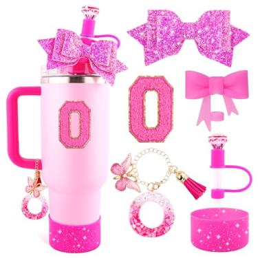 Imagem de Lingdeer Conjunto de acessórios de copo rosa rosa para Stanley Copo de 850 g e 1,134 g com alça, pingentes de letras, capas de canudo de arco e diamante, bota de silicone com glitter, adesivo