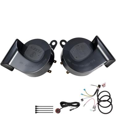 Imagem de AOLIHAN Kit de buzina de carro atualizado, buzina dupla de caracol preto de 12 V para motocicleta, buzinas de trem altas à prova d'água, motohorn perfeito para carro, caminhão, barco, buzinas GM de