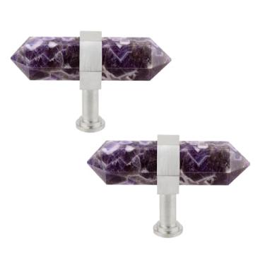 Imagem de Rockcloud Pacote com 2 puxadores de gaveta de pedra de ponto de cristal com parafusos puxador de armário prateado puxador de armário decoração de casa, ametista