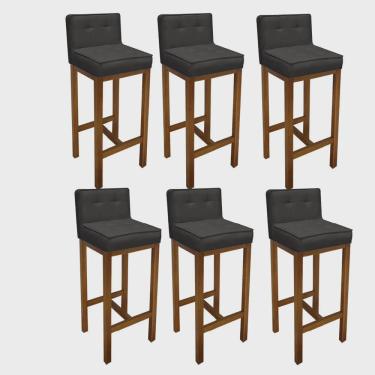 Imagem de Kit 06 Banqueta Alta Com Encosto Alba Cozinha Balcão Bistrô Base Madeira Rústico Corino Cinza - Ahz Móveis