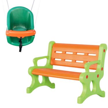 Imagem de Cadeira Banco Decorativo Infantil 2 Lugares-Banco Plástico com proteção uv + Balanço Bebê com Cinto e trava Todas Idades