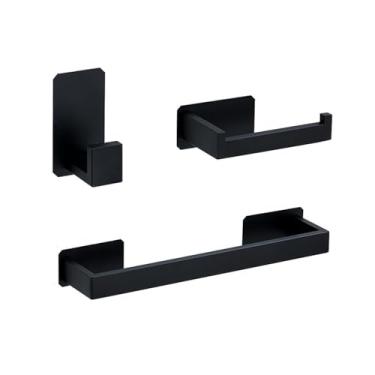 Imagem de Kit de ferragens para banheiro autoadesivo preto, suporte para papel higiênico de aço inoxidável, gancho para barra de toalha, acessórios para banheiro, conjunto de 3 peças C
