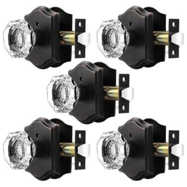 Imagem de Orger Maçaneta de porta de cristal octogonal, pacote com 5, maçaneta interna de privacidade para cama/banheiro com trava de pino interna, maçaneta de porta de roseta vintage de bronze polido a óleo com vidro genuíno resistente